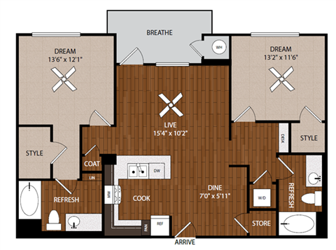 Floor plan for 2 beds, 2 baths, 1160 sqft