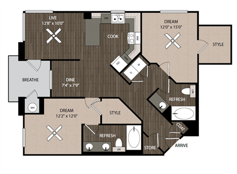 Floor plan for 2 beds, 2 baths, 1181 sqft