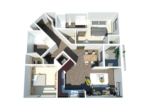 Floor plan for 2 beds, 2 baths, 995 sqft