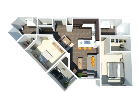 Floor plan for 2 beds, 2 baths, 1071 sqft