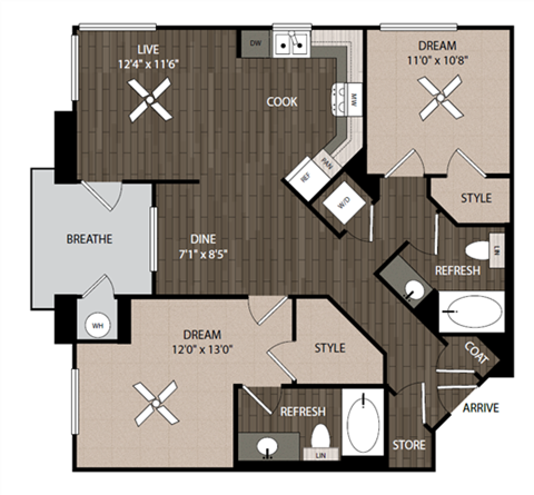 Floor plan for 2 beds, 2 baths, 1081 sqft