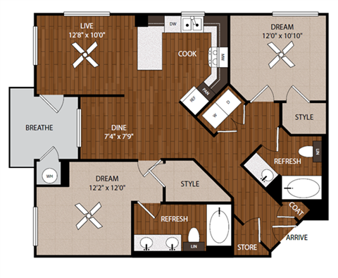 Floor plan for 2 beds, 2 baths, 1118 sqft