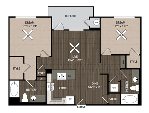 Floor plan for 2 beds, 2 baths, 1128 sqft