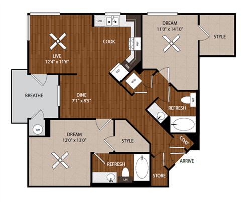 Floor plan for 2 beds, 2 baths, 1147 sqft