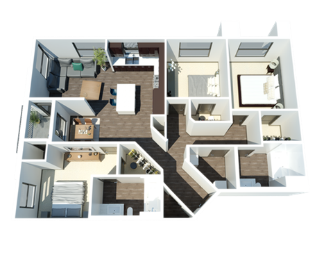 Floor plan for 3 beds, 2 baths, 1307 sqft