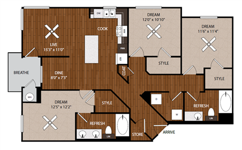 Floor plan for 3 beds, 2 baths, 1398 sqft