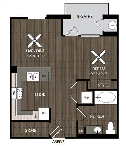 Floor plan for studio, 1 bath, 663 sqft
