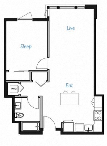 Floor plan for 1 bed, 1 bath, 724 sqft