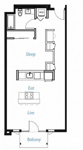 Floor plan for 1 bed, 1 bath, 751 sqft