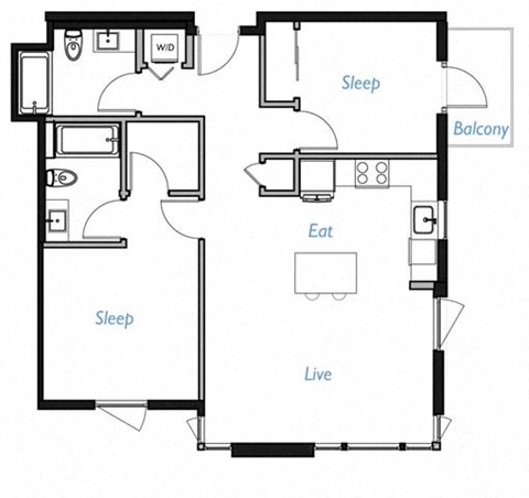 Floor plan for 2 beds, 2 baths, 963 sqft