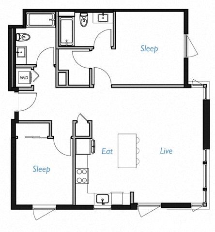 Floor plan for 2 beds, 2 baths, 1029 sqft