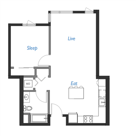 Floor plan for 1 bed, 1 bath, 733 sqft