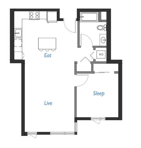 Floor plan for 1 bed, 1 bath, 742 sqft