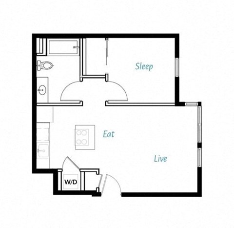 Floor plan for 1 bed, 1 bath, 609 sqft