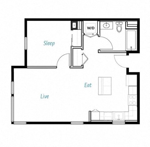Floor plan for 1 bed, 1 bath, 709 sqft