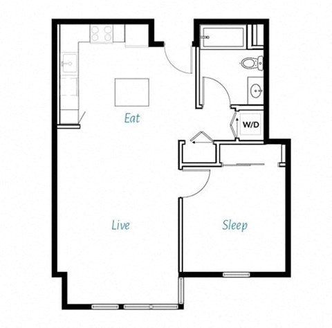 Floor plan for 1 bed, 1 bath, 735 sqft