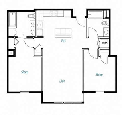 Floor plan for 2 beds, 2 baths, 1052 sqft