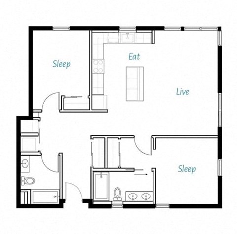 Floor plan for 2 beds, 2 baths, 1104 sqft
