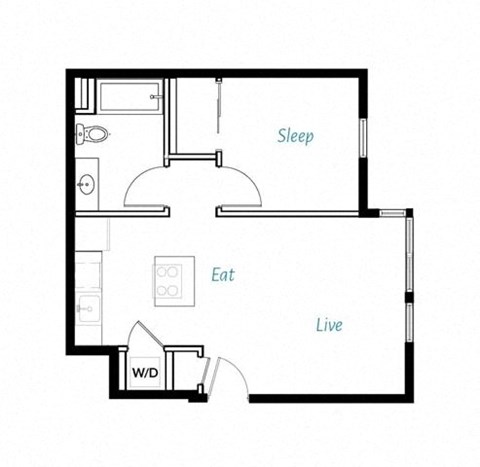 Floor plan for 1 bed, 1 bath, 609 sqft