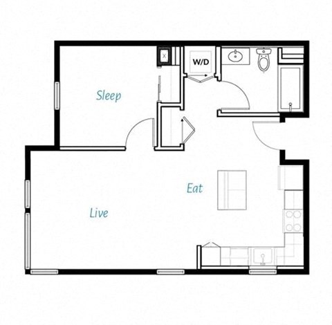 Floor plan for 1 bed, 1 bath, 709 sqft