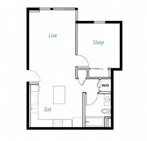 Floor plan for 1 bed, 1 bath, 725 sqft