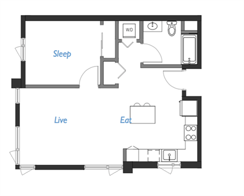 Floor plan for 1 bed, 1 bath, 700 sqft