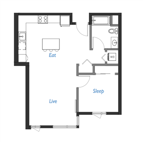 Floor plan for 1 bed, 1 bath, 734 sqft