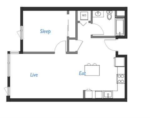 Floor plan for 1 bed, 1 bath, 748 sqft