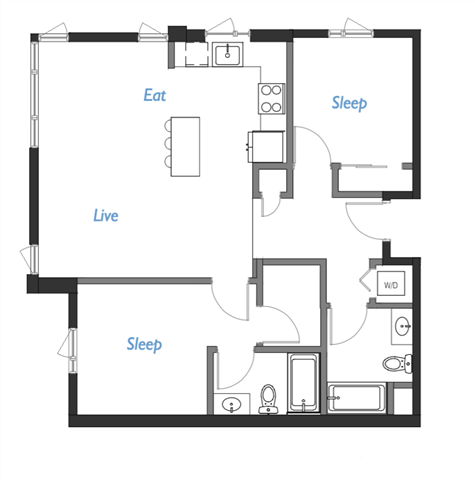 Floor plan for 2 beds, 2 baths, 980 sqft