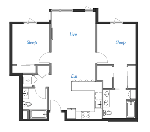 Floor plan for 2 beds, 2 baths, 1035 sqft