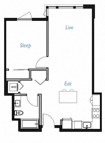 Floor plan for 1 bed, 1 bath, 724 sqft