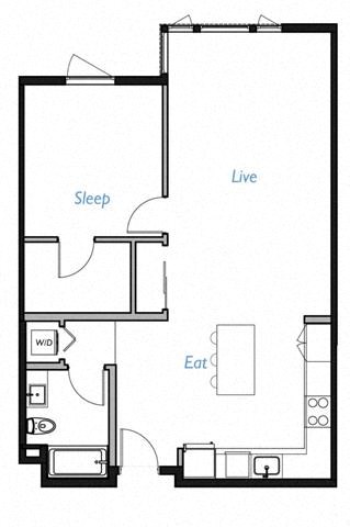 Floor plan for 1 bed, 1 bath, 885 sqft