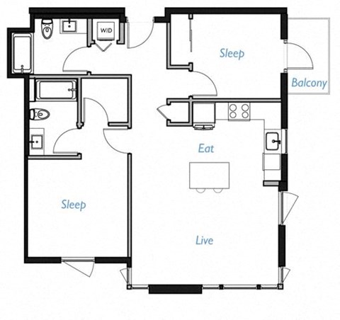 Floor plan for 2 beds, 2 baths, 963 sqft