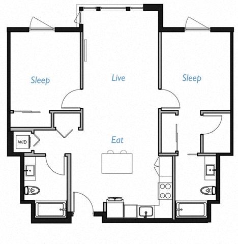 Floor plan for 2 beds, 2 baths, 1000 sqft