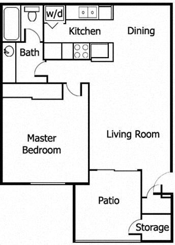 Floor plan for 1 bed, 1 bath, 619 sqft