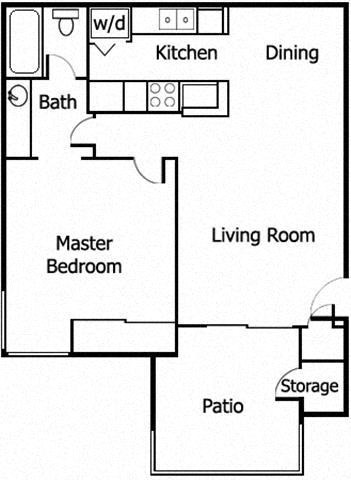 Floor plan for 1 bed, 1 bath, 642 sqft