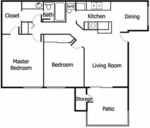 Floor plan for 2 beds, 1 bath, 855 sqft