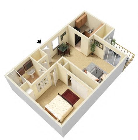 Floor plan for 1 bed, 1 bath, 602 sqft