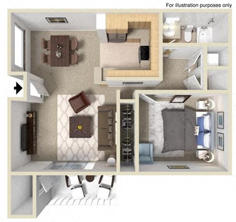Floor plan for 1 bed, 1 bath, 691 sqft