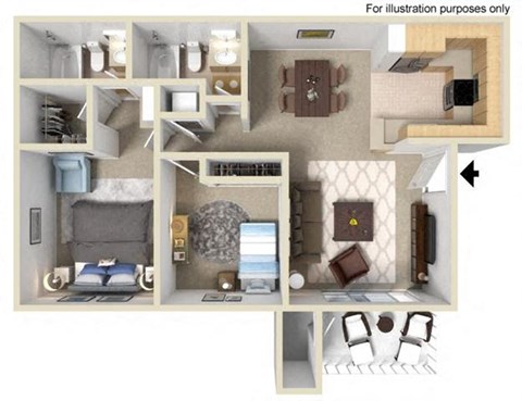 Floor plan for 2 beds, 2 baths, 925 sqft