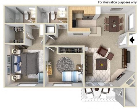 Floor plan for 2 beds, 2 baths, 947 sqft
