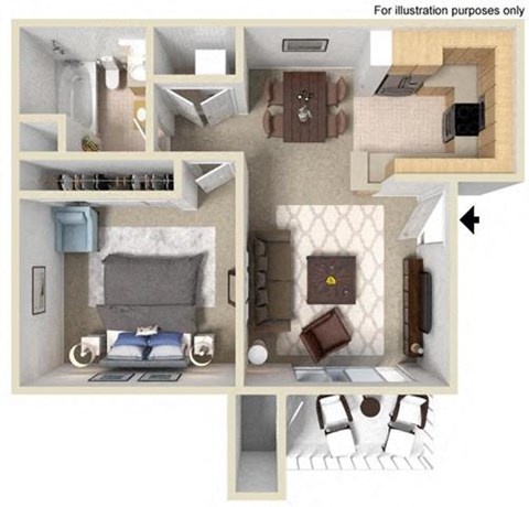 Floor plan for 1 bed, 1 bath, 598 sqft