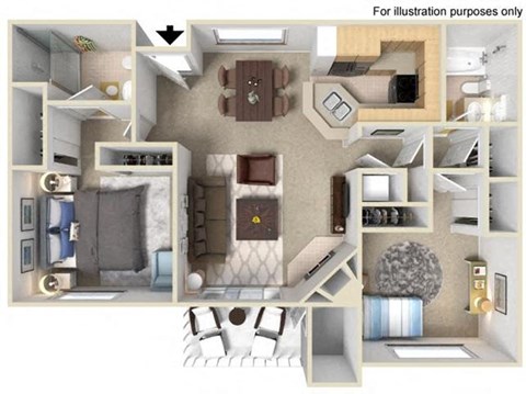 Floor plan for 2 beds, 2 baths, 988 sqft