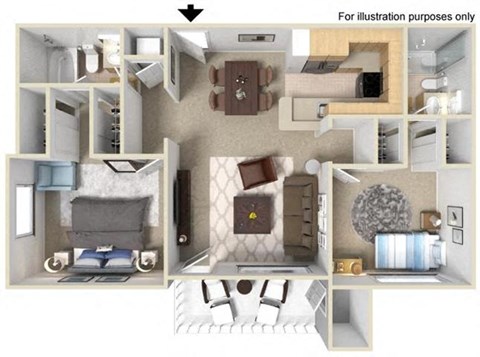Floor plan for 2 beds, 2 baths, 962 sqft