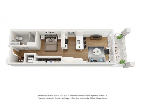 Floor plan for 1 bed, 1 bath, 671 sqft