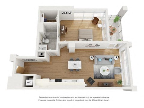 Floor plan for 1 bed, 1 bath, 884 sqft