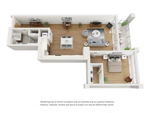 Floor plan for 1 bed, 1 bath, 984 sqft