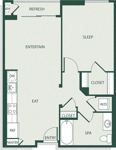 Floor plan for 1 bed, 1 bath, 663 sqft