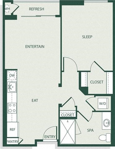 Floor plan for 1 bed, 1 bath, 663 sqft