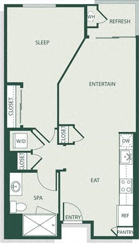 Floor plan for 1 bed, 1 bath, 659 sqft